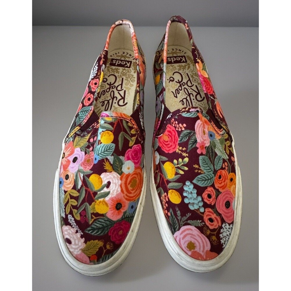 EUC Keds Rifle Paper Co Double Decker Garden Party Slip On Burgundy Floral W6.5